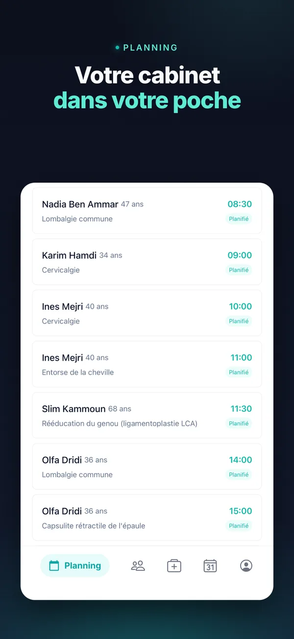 Application mobile Kuidia Pro, « Votre cabinet dans votre poche » : planning du jour d'un kinésithérapeute