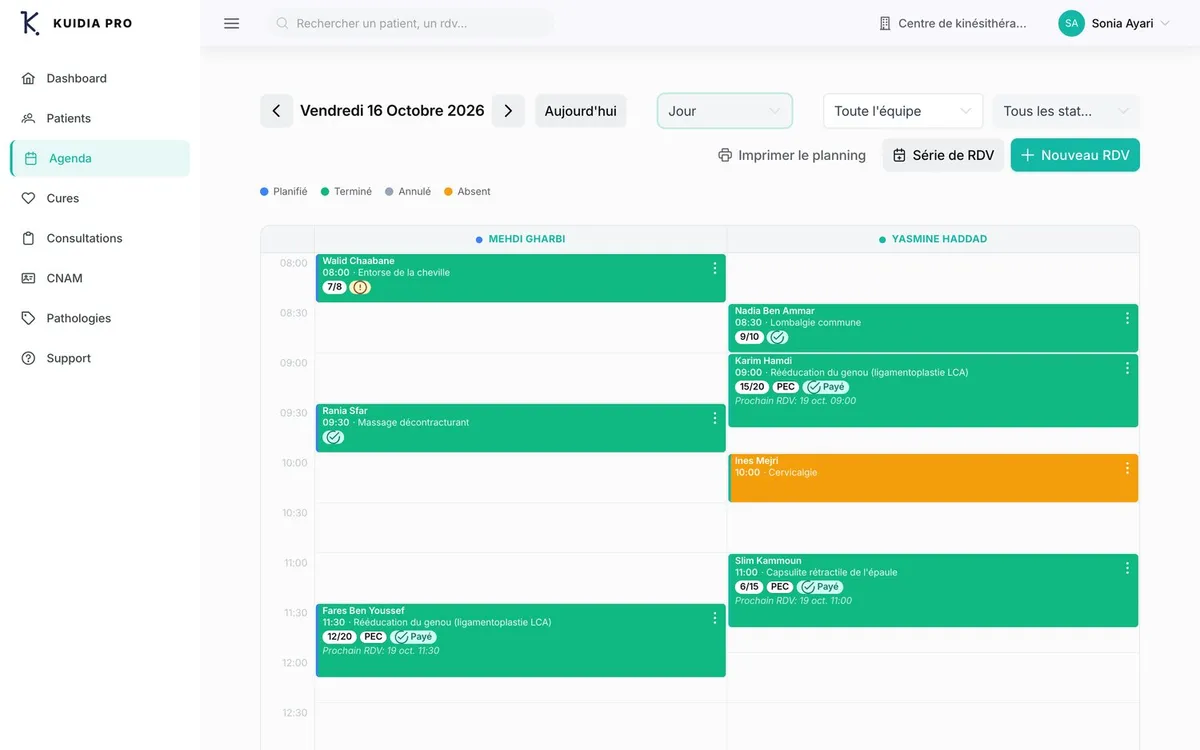 Agenda Kuidia sur ordinateur : planning du jour de deux kinésithérapeutes, avec le numéro de séance, la prise en charge et le paiement de chaque rendez-vous