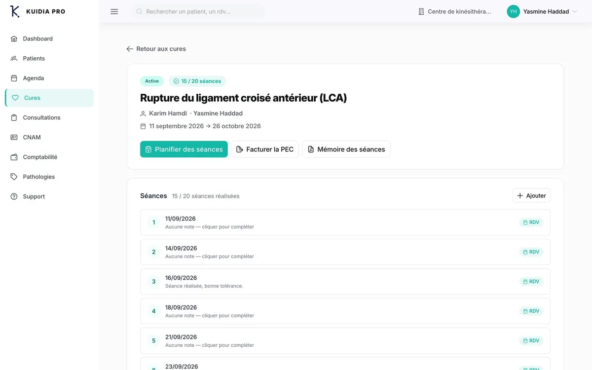 Détail d'une cure : rééducation après rupture du ligament croisé antérieur, 15 séances réalisées sur 20