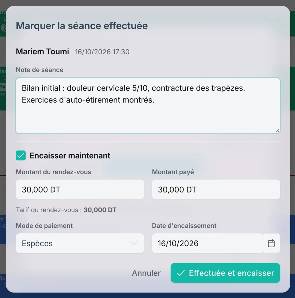 Fenêtre « Marquer la séance effectuée » : note de séance, montant, mode de paiement et bouton « Effectuée et encaisser »